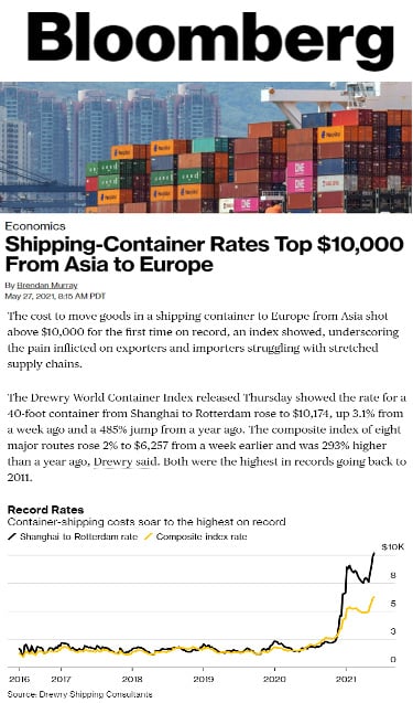 bloomberg article: Shipping Container Rates Top $10,000 from Asia to Europe